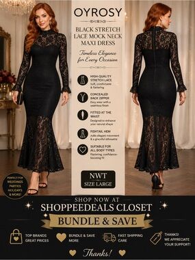 OYROSY Black Stretch Lace Mock Neck Maxi Dress – NWT – Women’s Large